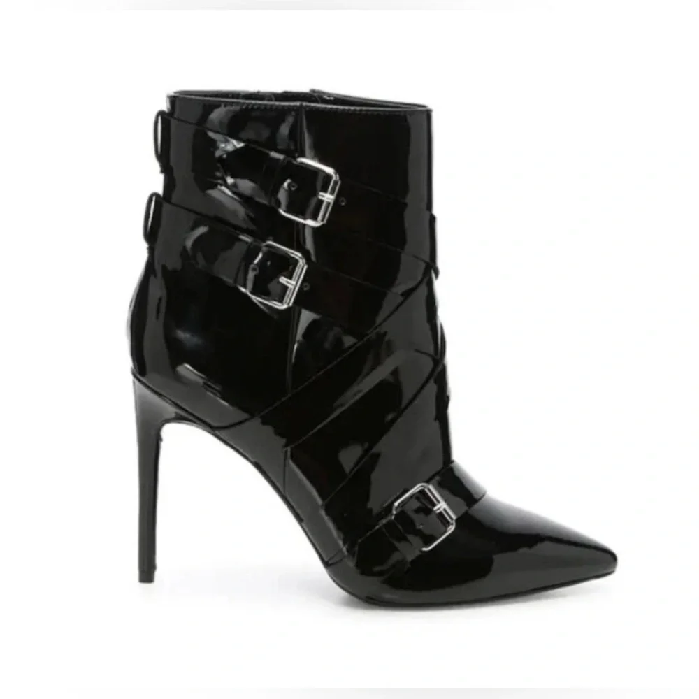 JLO Jennifer Lopez Finola Patent Moto Stiletto Booties – Size 9.5, Black